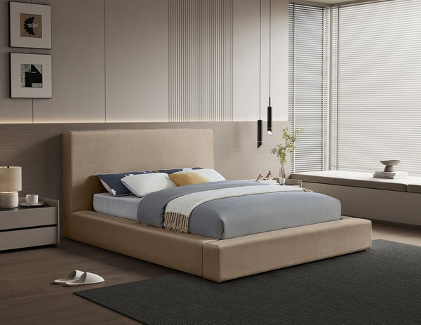 Meridian Furniture Dorian Queen Bed Low Profile Velvet Upholstered Frame with Slatted Support for Modern Bedrooms Taupe DorianTaupe-Q