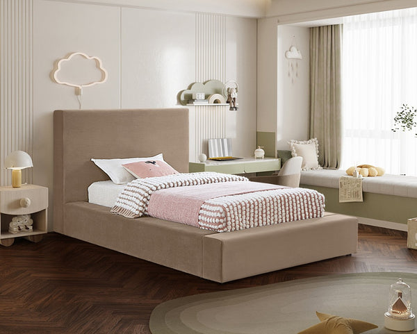 Meridian Furniture Dorian Velvet Twin Bed Low Profile Upholstered Frame and Headboard for Modern Bedrooms Taupe DorianTaupe-T