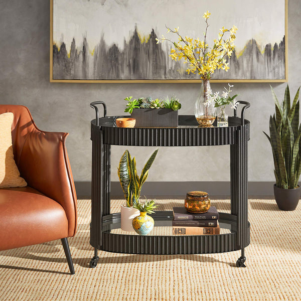 Choteau Iron Bar Cart with Tempered Glass Shelves for Modern Entertaining