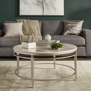 Round Marble Top Coffee Table with Champagne Metal Frame for Living Rooms