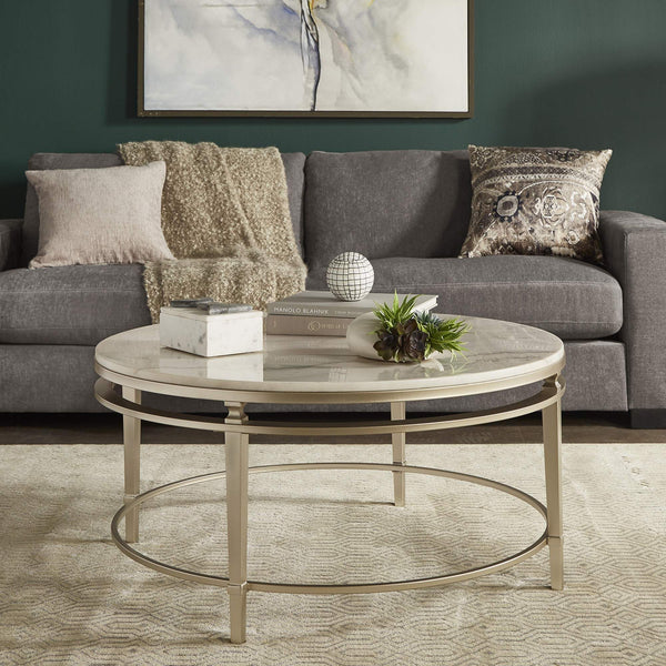 Round Marble Top Coffee Table with Champagne Metal Frame for Living Rooms