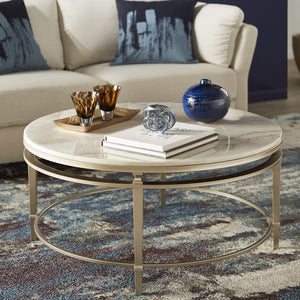 Round Marble Top Coffee Table with Champagne Metal Frame for Living Rooms