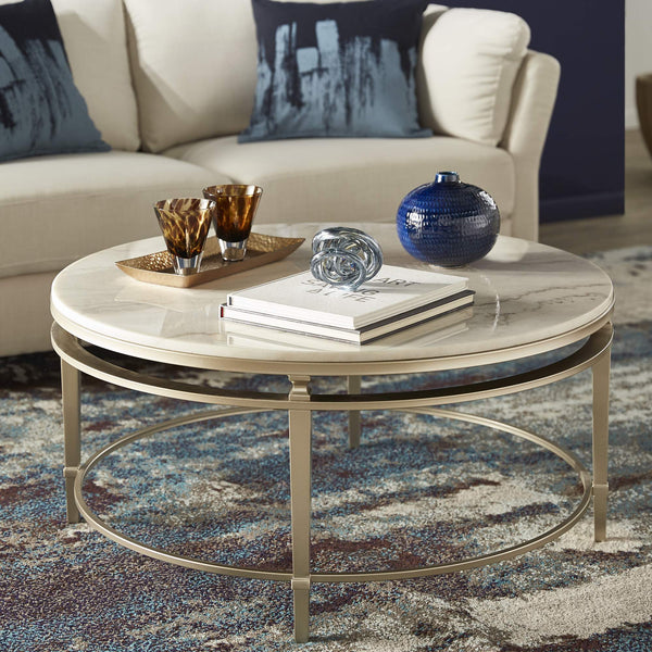 Round Marble Top Coffee Table with Champagne Metal Frame for Living Rooms