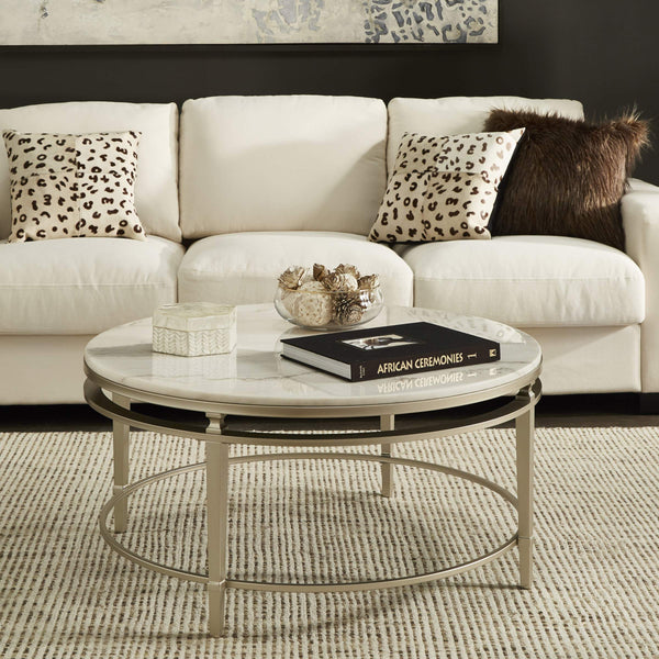 Round Marble Top Coffee Table with Champagne Metal Frame for Living Rooms