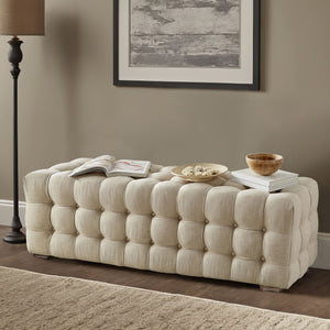 Cartia Tufted Linen Upholstered Bench with Wood Legs for Bedroom or Entryway Seating