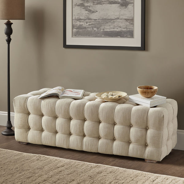 Cartia Tufted Linen Upholstered Bench with Wood Legs for Bedroom or Entryway Seating