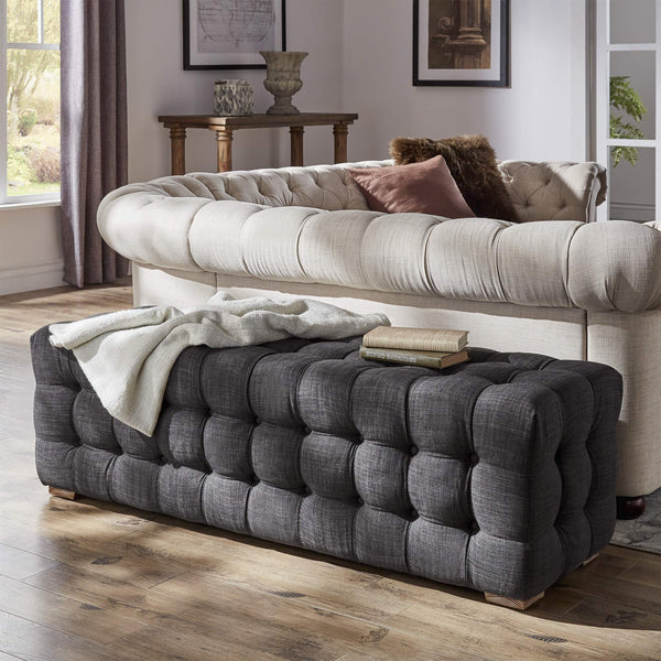 Cartia Tufted Linen Upholstered Bench with Wood Legs for Bedroom or Entryway Seating