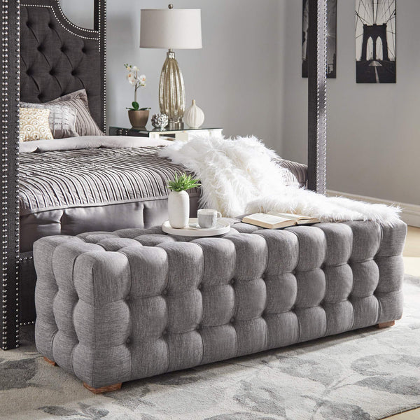Cartia Tufted Linen Upholstered Bench with Wood Legs for Bedroom or Entryway Seating
