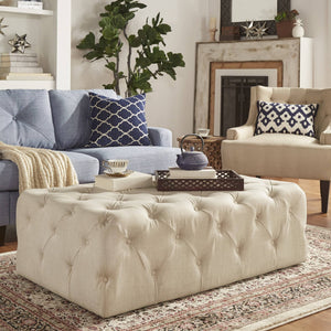 Cartia Button Tufted Linen Cocktail Ottoman with Casters for Living Room