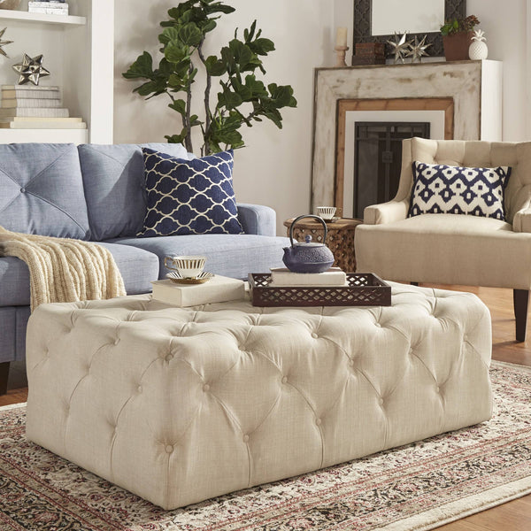 Cartia Button Tufted Linen Cocktail Ottoman with Casters for Living Room