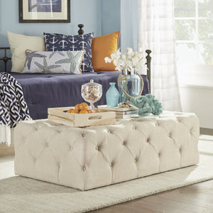 Cartia Button Tufted Linen Cocktail Ottoman with Casters for Living Room