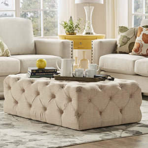 Cartia Button Tufted Linen Cocktail Ottoman with Casters for Living Room