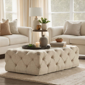 Cartia Button Tufted Linen Cocktail Ottoman with Casters for Living Room