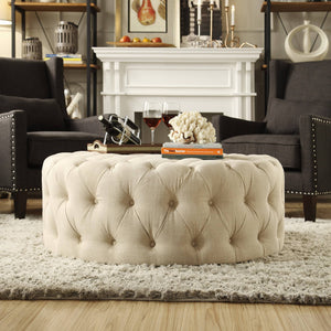 Cartia Tufted Linen Round Ottoman with Rolling Casters for Modern Living Room Seating