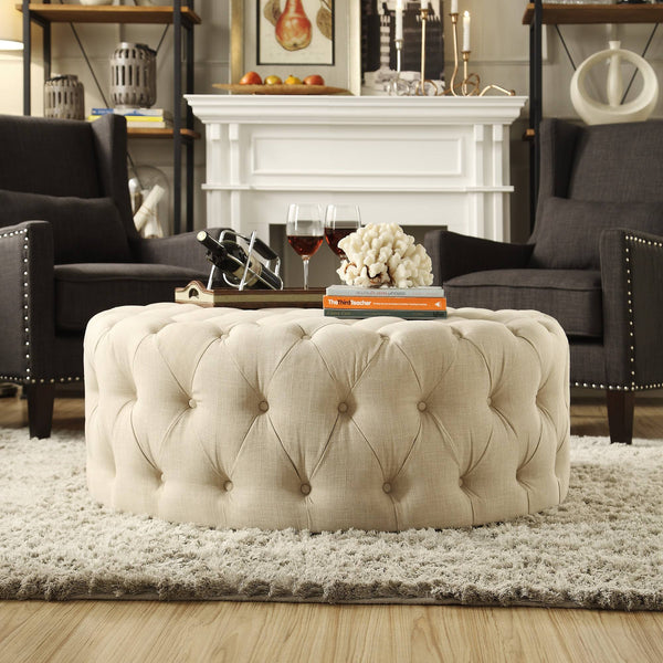 Cartia Tufted Linen Round Ottoman with Rolling Casters for Modern Living Room Seating
