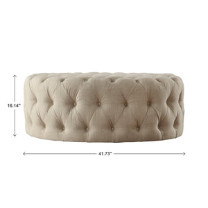 Cartia Tufted Linen Round Ottoman with Rolling Casters for Modern Living Room Seating