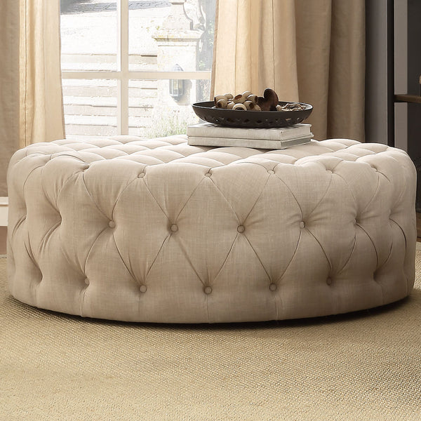 Cartia Tufted Linen Round Ottoman with Rolling Casters for Modern Living Room Seating