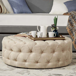 Cartia Tufted Linen Round Ottoman with Rolling Casters for Modern Living Room Seating