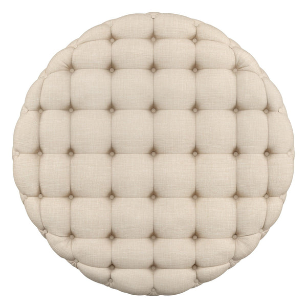 Cartia Tufted Linen Round Ottoman with Rolling Casters for Modern Living Room Seating