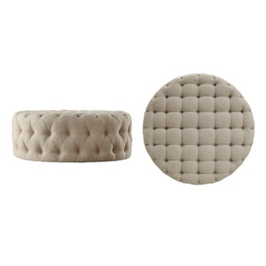 Cartia Tufted Linen Round Ottoman with Rolling Casters for Modern Living Room Seating