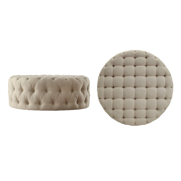 Cartia Tufted Linen Round Ottoman with Rolling Casters for Modern Living Room Seating