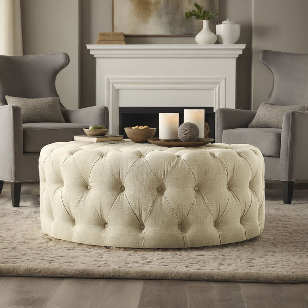Cartia Tufted Linen Round Ottoman with Rolling Casters for Modern Living Room Seating