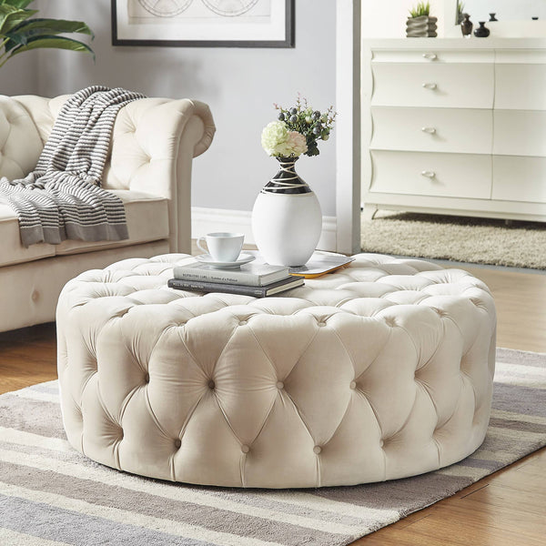 Cartia Tufted Velvet Round Ottoman with Casters for Living Room
