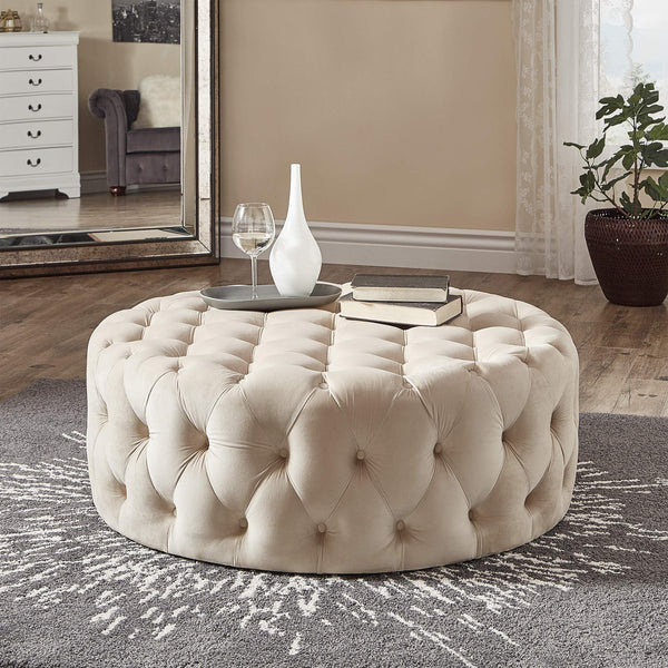 Cartia Tufted Velvet Round Ottoman with Casters for Living Room