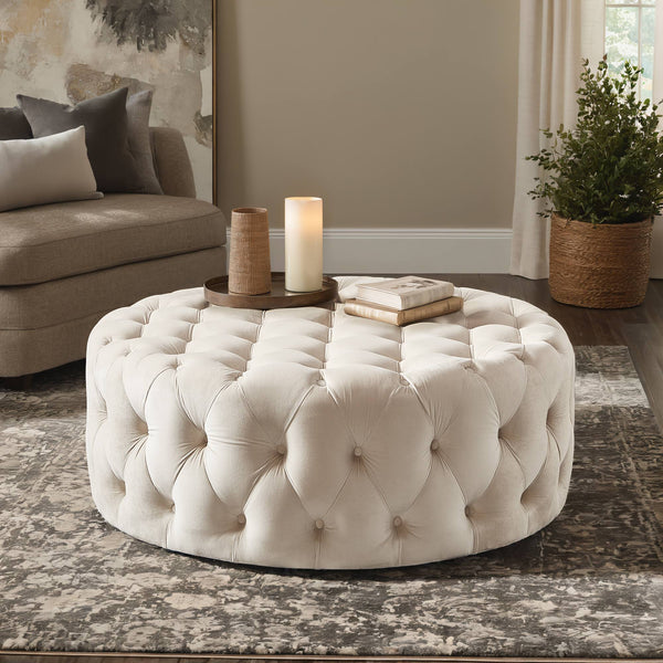 Cartia Tufted Velvet Round Ottoman with Casters for Living Room