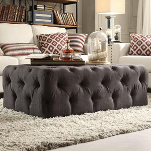 Cartia Button Tufted Linen Cocktail Ottoman with Casters for Living Room