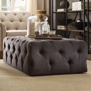 Cartia Button Tufted Linen Cocktail Ottoman with Casters for Living Room