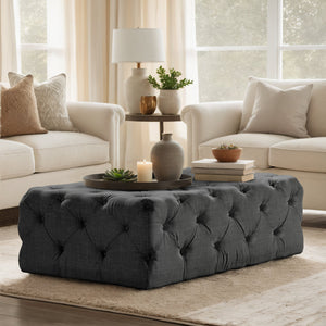 Cartia Button Tufted Linen Cocktail Ottoman with Casters for Living Room