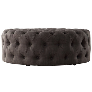 Cartia Tufted Linen Round Ottoman with Rolling Casters for Modern Living Room Seating