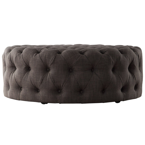 Cartia Tufted Linen Round Ottoman with Rolling Casters for Modern Living Room Seating