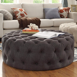 Cartia Tufted Linen Round Ottoman with Rolling Casters for Modern Living Room Seating