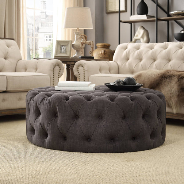 Cartia Tufted Linen Round Ottoman with Rolling Casters for Modern Living Room Seating