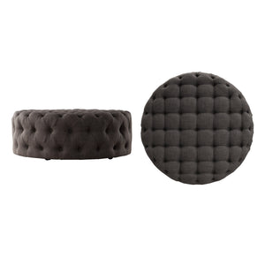 Cartia Tufted Linen Round Ottoman with Rolling Casters for Modern Living Room Seating
