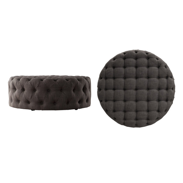 Cartia Tufted Linen Round Ottoman with Rolling Casters for Modern Living Room Seating
