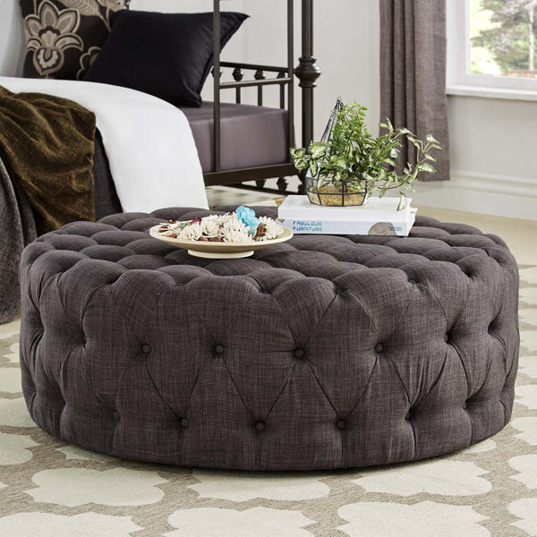 Cartia Tufted Linen Round Ottoman with Rolling Casters for Modern Living Room Seating