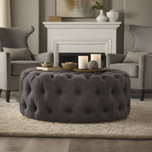 Cartia Tufted Linen Round Ottoman with Rolling Casters for Modern Living Room Seating