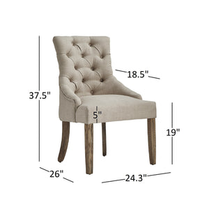 Button-tufted Linen Dining Chair with Rubberwood Legs and Nailhead Farmhouse Style