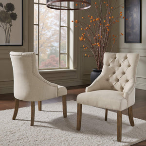 Button-tufted Linen Dining Chair with Rubberwood Legs and Nailhead Farmhouse Style
