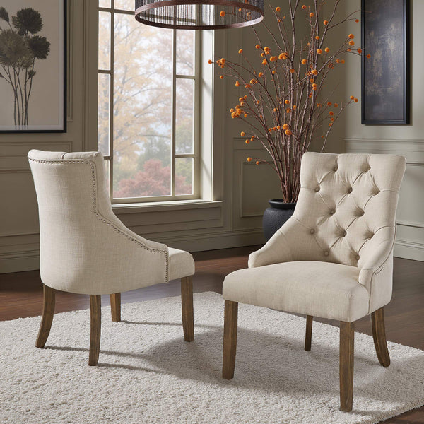 Button-tufted Linen Dining Chair with Rubberwood Legs and Nailhead Farmhouse Style
