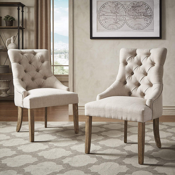 Button-tufted Linen Dining Chair with Rubberwood Legs and Nailhead Farmhouse Style