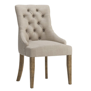 Button-tufted Linen Dining Chair with Rubberwood Legs and Nailhead Farmhouse Style