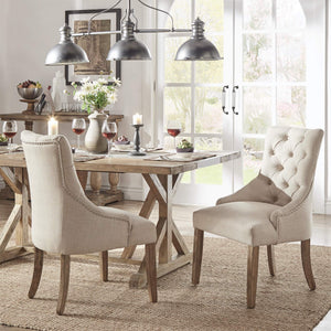 Button-tufted Linen Dining Chair with Rubberwood Legs and Nailhead Farmhouse Style