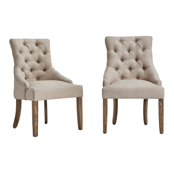 Button-tufted Linen Dining Chair with Rubberwood Legs and Nailhead Farmhouse Style