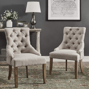 Button-tufted Linen Dining Chair with Rubberwood Legs and Nailhead Farmhouse Style