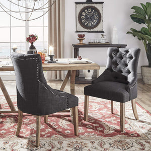 Button-tufted Linen Dining Chair with Rubberwood Legs and Nailhead Farmhouse Style