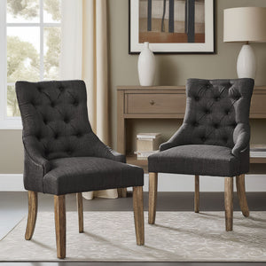 Button-tufted Linen Dining Chair with Rubberwood Legs and Nailhead Farmhouse Style